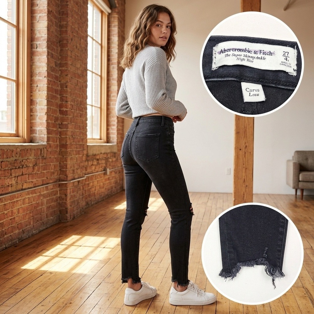 Abercrombie & Fitch Jeans Women 27/4S Black Curve Love Super Skinny Ankle Ripped